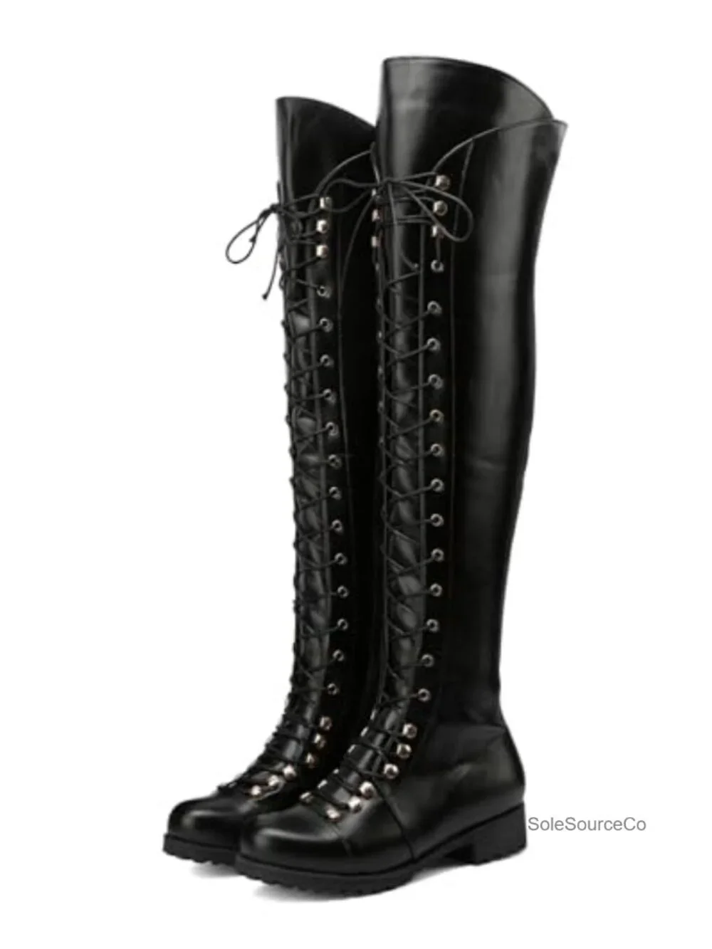 Over The Knee Boots Square Toe Lace Up Side Zipper Low Heel Faux Leather